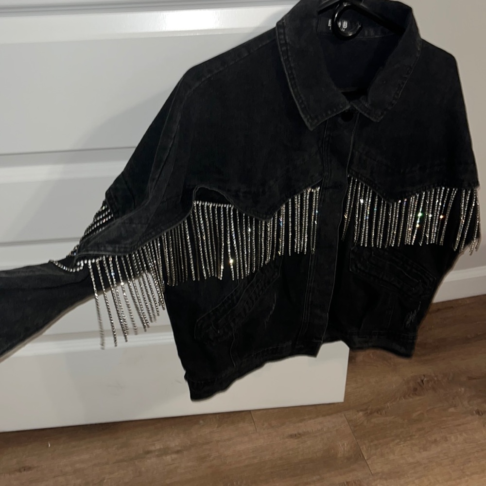 Black denim jacket with sparkle fringe